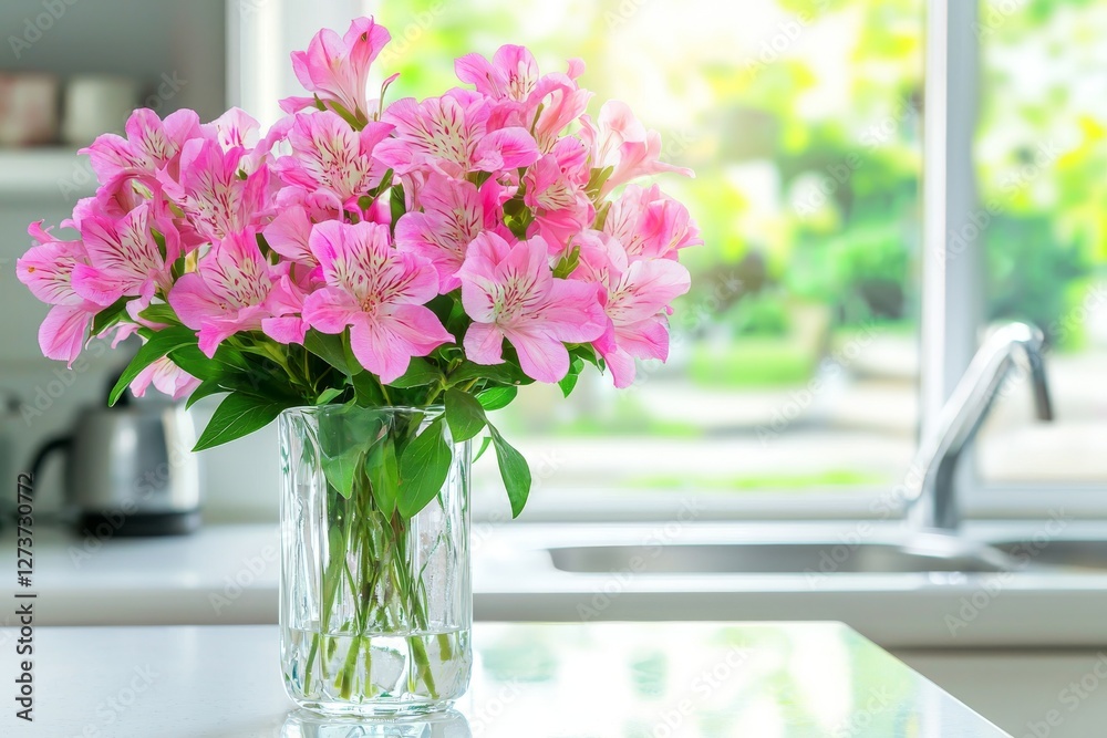 Flowers in a vase sit near a kitchen sink against a window on a countertop Flowers in a vase sit near a kitchen sink against a window on a countertop