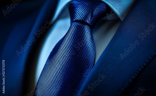 Refined close up of a deep blue tie showcasing sophisticated texture and style : Generative AI