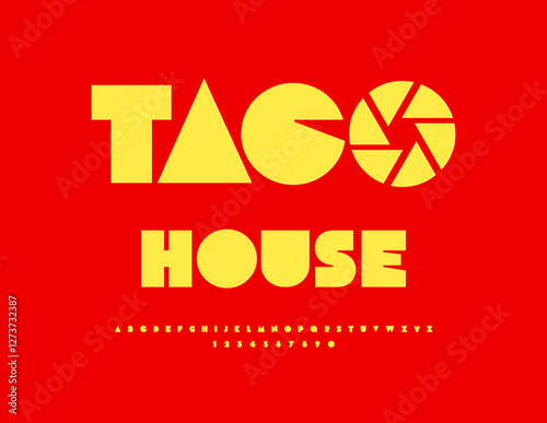 Vector Artistic logo Taco House. Creative Yellow Font. Exclusive Alphabet Letters and Numbers set.