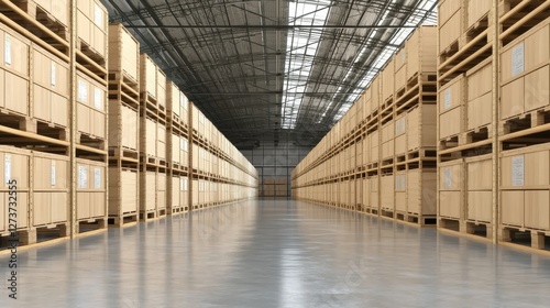 Spacious Warehouse Interior with Neatly Stacked Wooden Storage Containers and Industrial Architecture