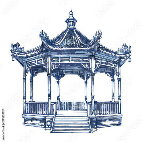 Hand drawn a pavilion architecture traditional decorative vector