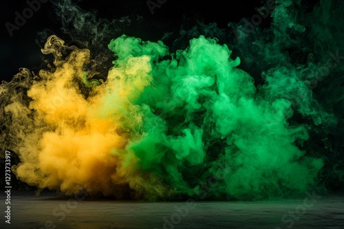 Wallpaper Mural Yellow stage light shines down on clouds of green and yellow smoke that are suspended in front of a black background Torontodigital.ca