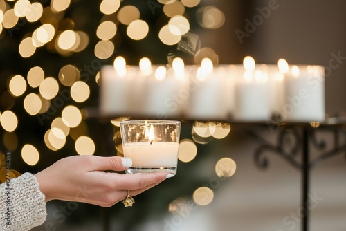In a church, a woman is lighting a candle used for prayer, which may be referred to as an offering, sacrificial, or memorial candle