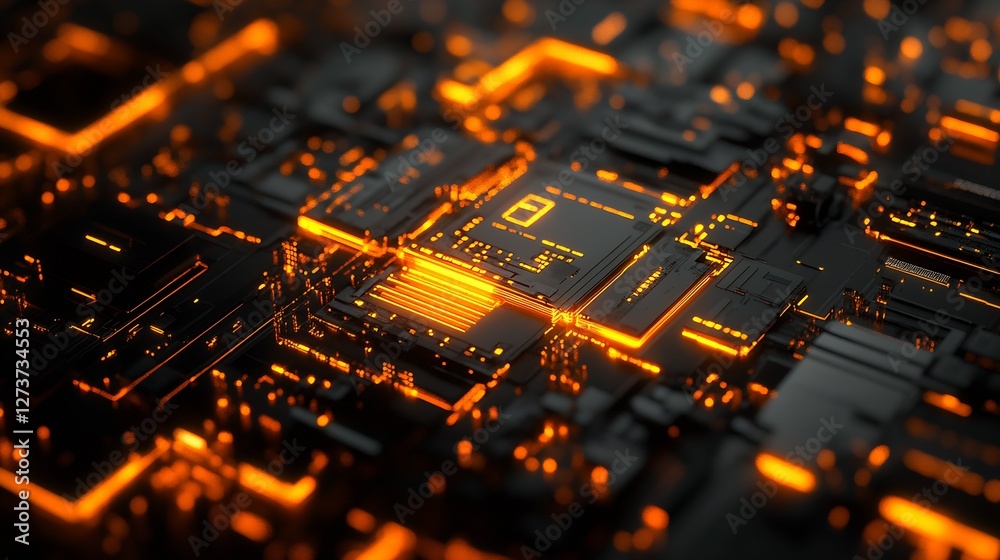 Futuristic glowing circuit board with vibrant orange lights showcasing advanced technology and digital connections : Generative AI