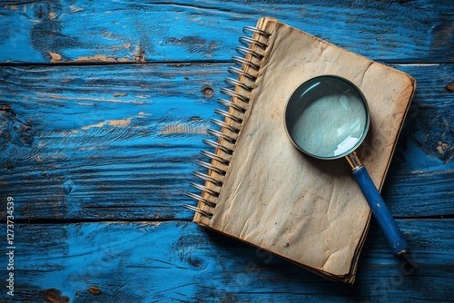The concept of finding keywords is represented by a magnifier glass and empty notebook on a light blue wooden background with available text space
