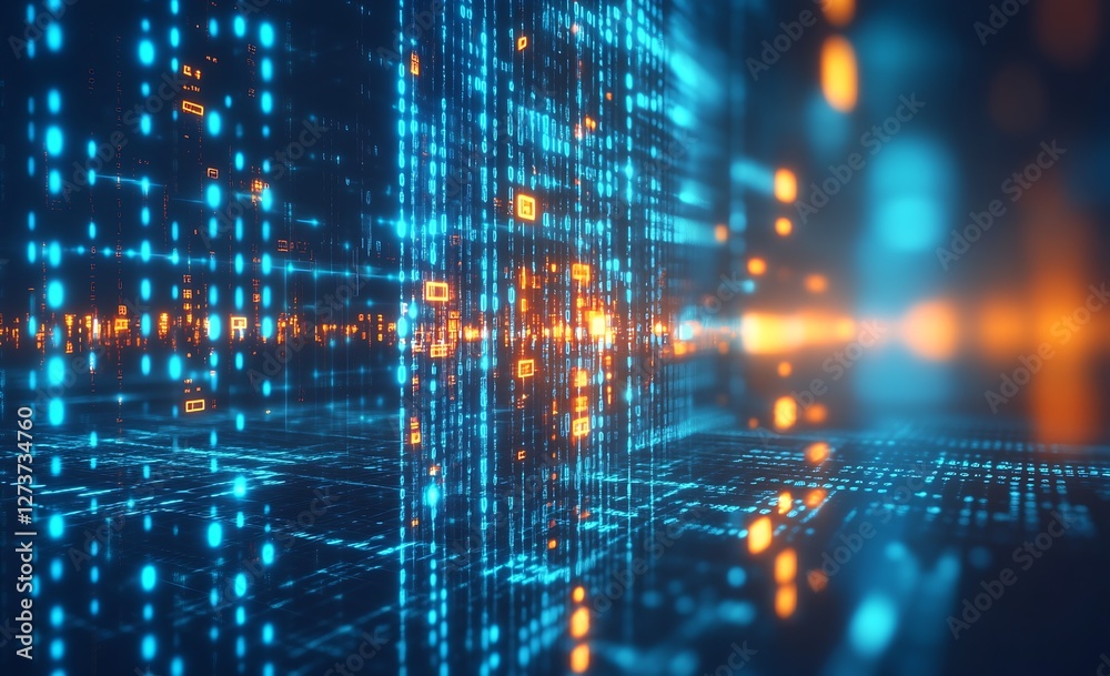 High-Tech Digital Environment with Waves of Binary Code and Glows in Various Shades : Generative AI