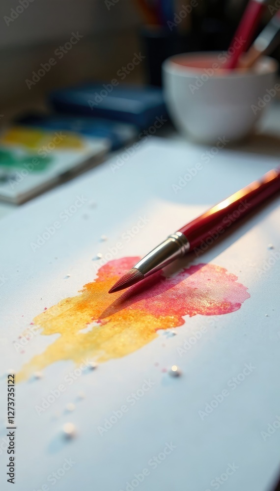 Obraz premium Softly glowing light falls on a single paintbrush isolated on white surface, art supply, solitary object, studio