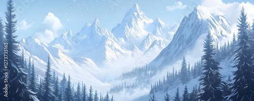 A snowy mountain pass with tall peaks and evergreen trees covered in fresh snow