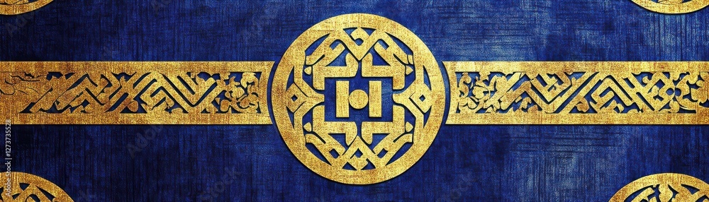 Sayagata Buddhist swastika pattern in bold yellow over a cobalt blue background, sophisticated and historical