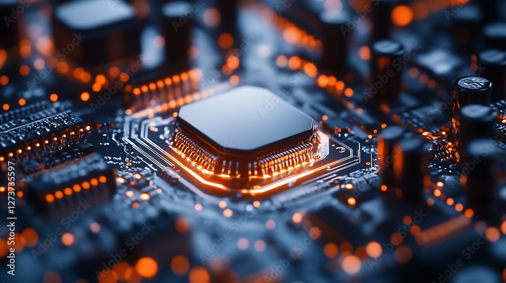 Close Up of CPU on a Circuit Board with Brilliant LED Lights Accent : Generative AI