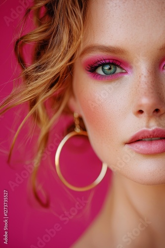 A close-up of a young woman with pristine skin and a trendy makeup look featuring pink and fuchsia eyeshadow, perfect for spring and summer