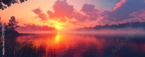 A vibrant sunrise over a tranquil lake with mist rising from the water photo