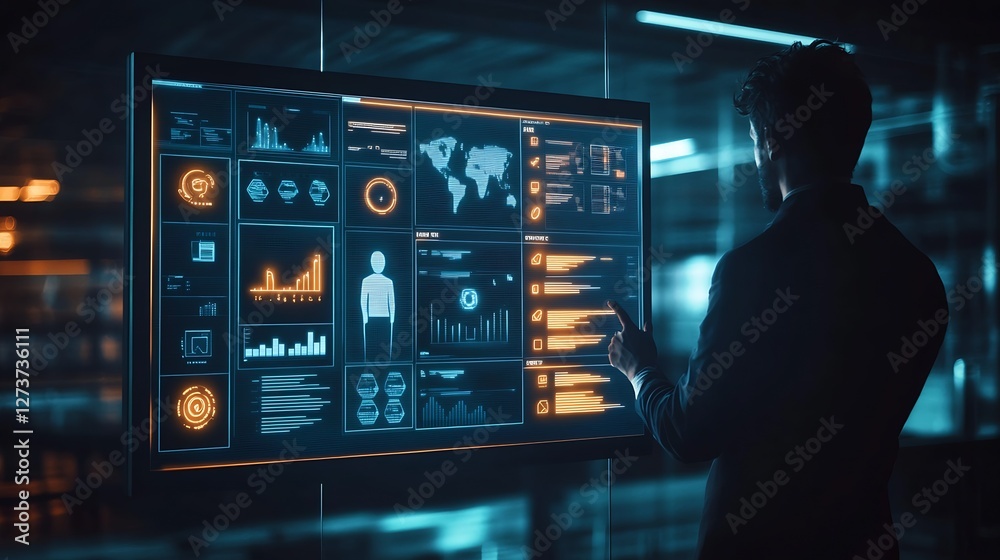 professional analyst interacting with an interactive dashboard showing global data and metrics in a sleek workspace : Generative AI