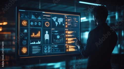 Obraz na płótnie professional analyst interacting with an interactive dashboard showing global data and metrics in a sleek workspace : Generative AI w salonie