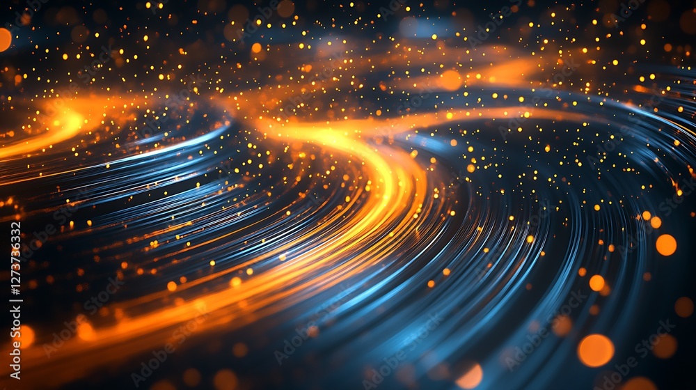 Dynamic abstract composition with radiant orange lights on blue flowing background : Generative AI