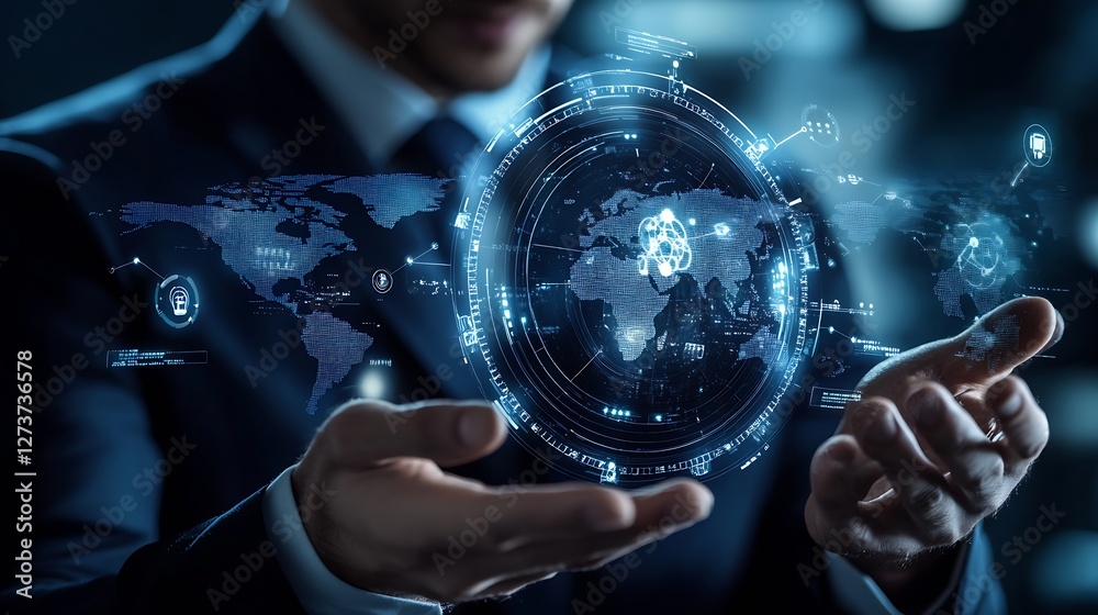 Business professional interacting with a digital globe to explore global markets and data strategies : Generative AI