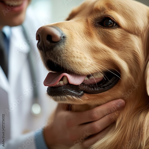 Close-up of a joyful golden retriever dog at a pet clinic with veterinarian : Generative AI