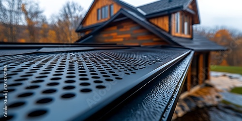 Obraz na płótnie Close Up of Modern House Roof with Black Gutter System Highlighting High Quality Finish and Detailing : Generative AI w salonie