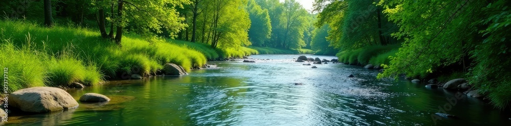Vorozhba River flows gently into the river Volchina amidst lush greenery, Nature Landscape, Freshwater, Natural Scene Vorozhba River flows gently into the river Volchina amidst lush greenery, Nature Landscape, Freshwater, Natural Scene