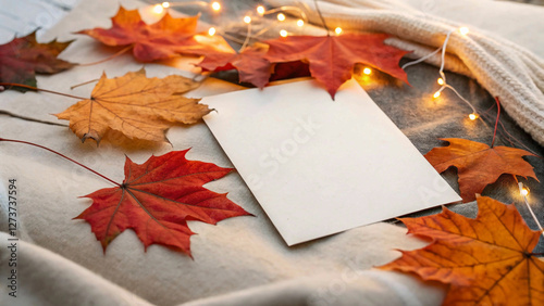 Modern seasonal autumn background. Close up of maple leaves and invitation card with place for text. Autumn wedding invitation. Top view, flat laystyle, colourful, up, gold, web, art, couple, retro, u photo