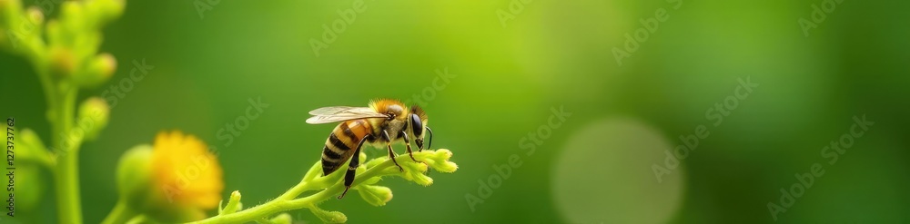 Small bee on green stem of Hylotelephium spectabile, fauna, flowers Small bee on green stem of Hylotelephium spectabile, fauna, flowers