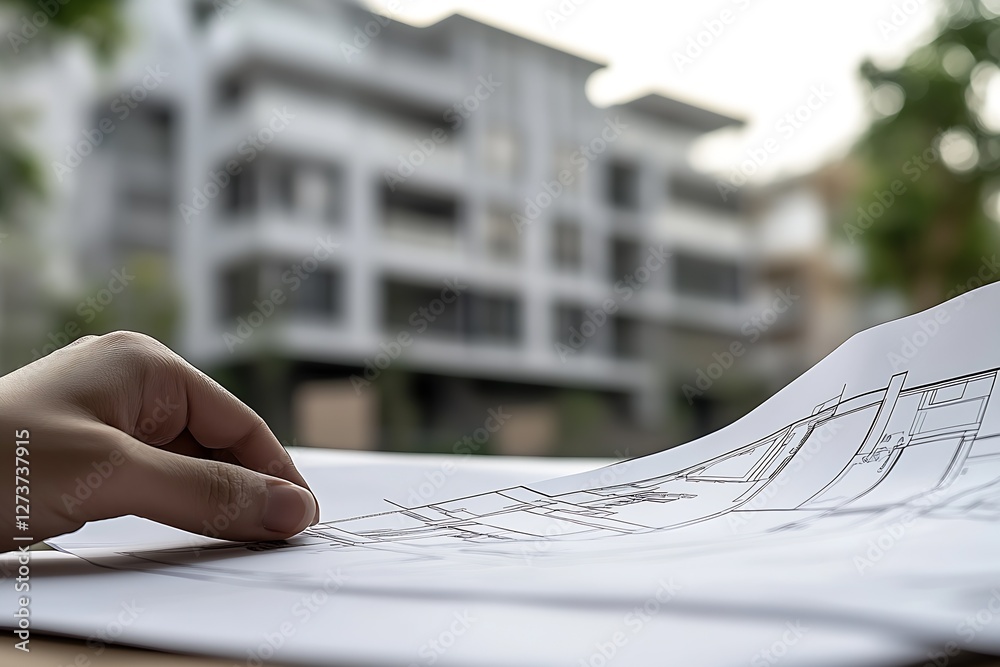 Close Up of Hand Holding Blueprint with Modern Building in Background for Construction Projects : Generative AI