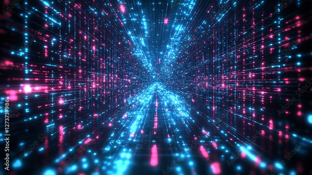 Visual Representation of Data Flow in a Vibrant Digital Tunnel with Neon Lights : Generative AI