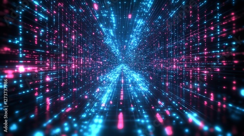 Visual Representation of Data Flow in a Vibrant Digital Tunnel with Neon Lights : Generative AI