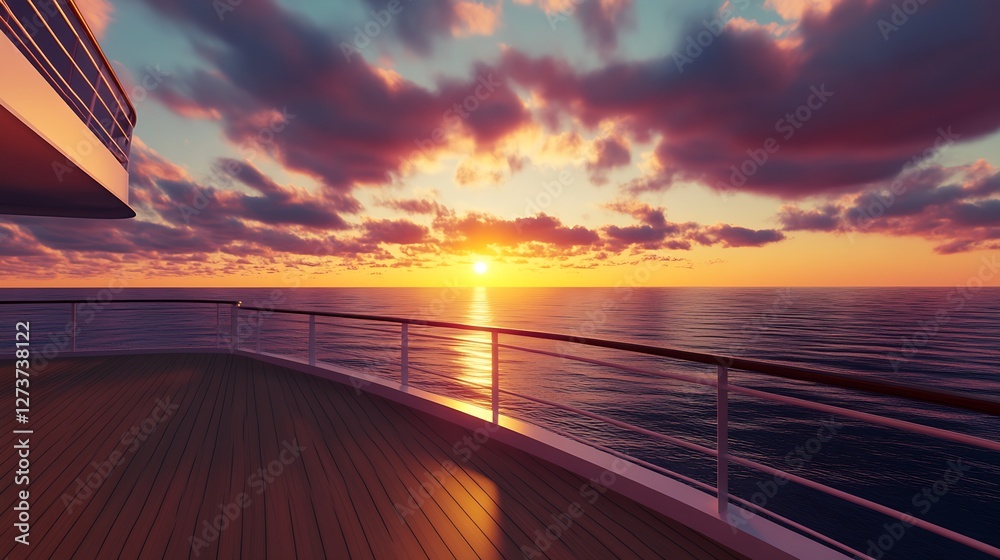 Calm sunset view from a cruise ship deck with soft colorful clouds : Generative AI