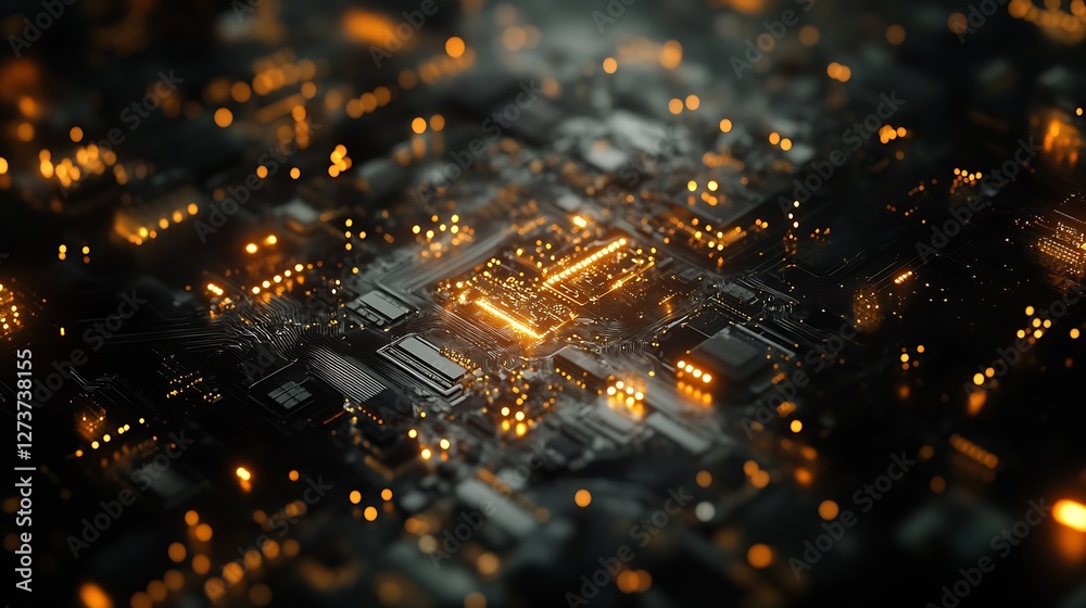 Stunning Aerial View of a Circuit Board Illuminated with Glowing Orange Lights : Generative AI