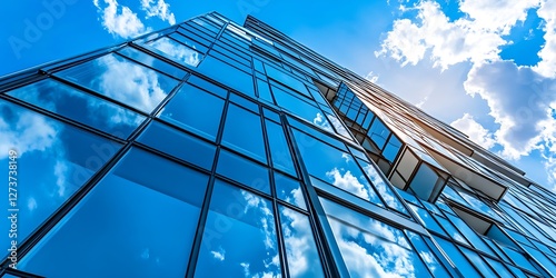 Modern Glass Building Reflecting Clouds Against a Blue Sky : Generative AI