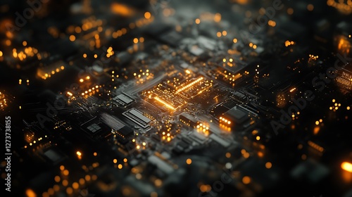 Obraz na płótnie Stunning Aerial View of a Circuit Board Illuminated with Glowing Orange Lights : Generative AI w salonie