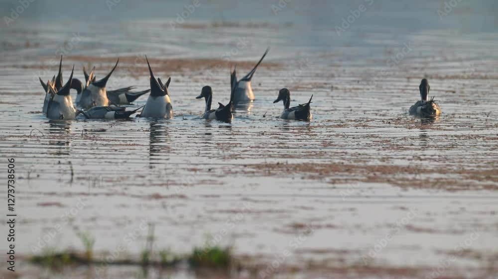 Ducks Foraging Upside Down in Water