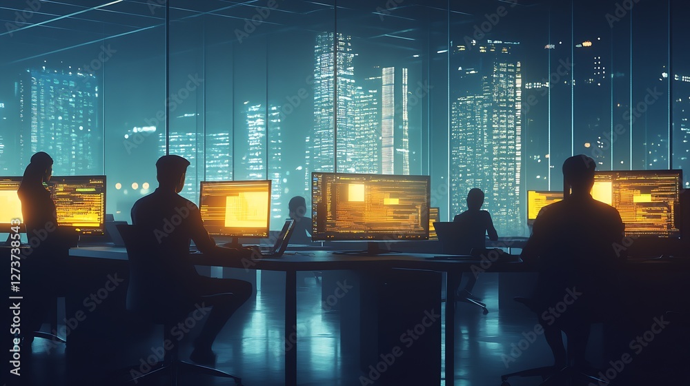 Silhouetted Programmers Collaborating in a High-Tech Office with City Views at Night : Generative AI