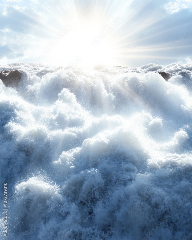 Obraz premium Dramatic Waterfall Sunlit Mist Over Rocks for Digital Marketing and Eco-Tourism Promotion - Highlighting Natural Landscapes and Rugged Textures