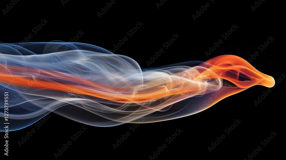 Fototapeta premium Abstract image of flowing, translucent orange and blue energy, swirling and twisting against a black background. The colors blend and shift creating a dynamic, ethereal effect.