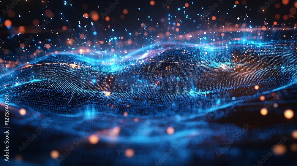 Abstract Waves with Blue Lights and Glowing Particles Representing Data Flow and Movement : Generative AI