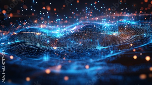Obraz na płótnie Abstract Waves with Blue Lights and Glowing Particles Representing Data Flow and Movement : Generative AI w salonie