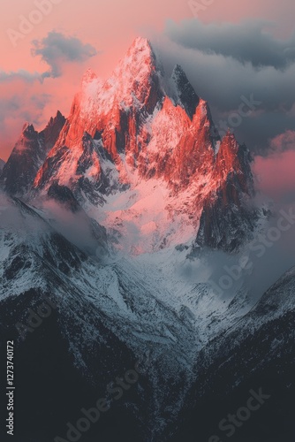 The intense and rocky pinnacle of Cerro Torre, distinguished as one of the most complicated climbs internationally, moments before sunset in Patagonia, Argentina