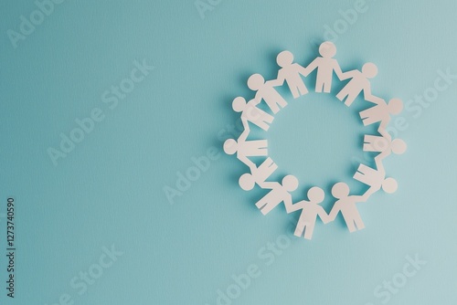 Paper cutouts of human figures create a circular pattern on a turquoise backdrop, conveying the concept of diversity and inclusion