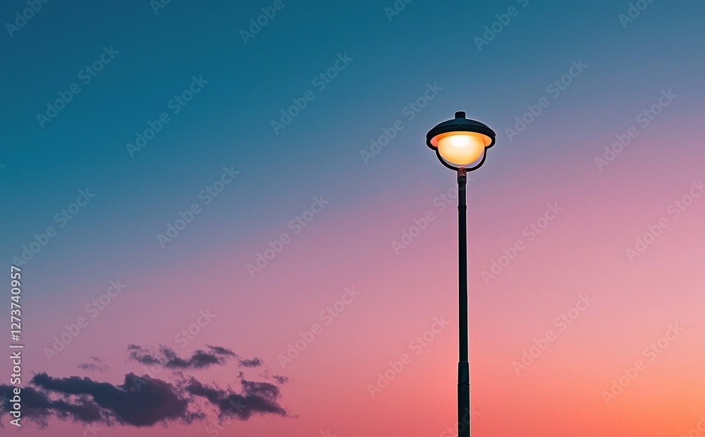 The street is illuminated by a public lighting pole featuring LED lights, set against a vibrant sunset-hued backdrop The street is illuminated by a public lighting pole featuring LED lights, set against a vibrant sunset-hued backdrop