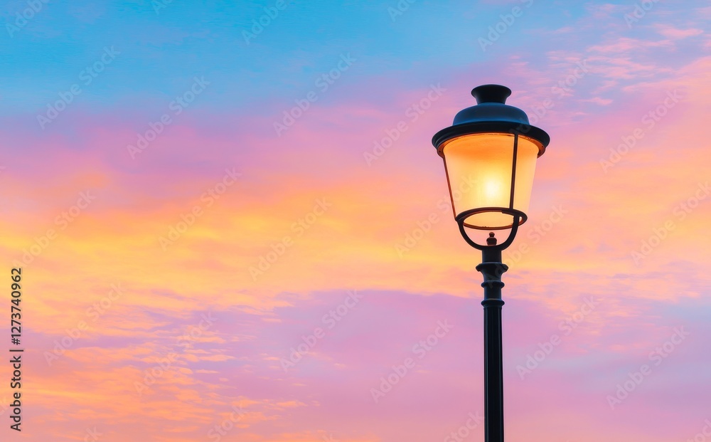 A LED-lit public street lighting pole is silhouetted against a stunning sunset-colored background A LED-lit public street lighting pole is silhouetted against a stunning sunset-colored background