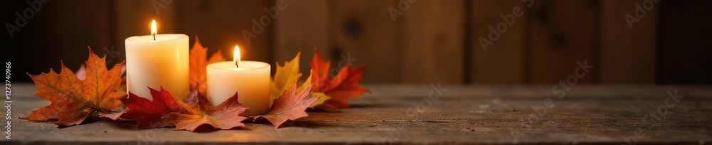 Softly glowing candles on a rustic wooden table, harvest theme, seasonal decor, autumn leaves Softly glowing candles on a rustic wooden table, harvest theme, seasonal decor, autumn leaves