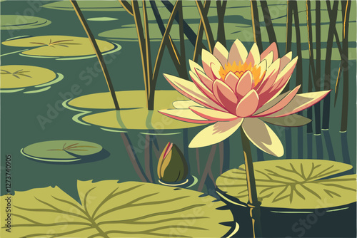  Vibrant lotus flowers, serene pond, lily pads, tranquil water surface, soft focus, dreamy atmosphere, golden and pink petals, lush green leaves, reflections, macro photography, nature beauty, zen 
