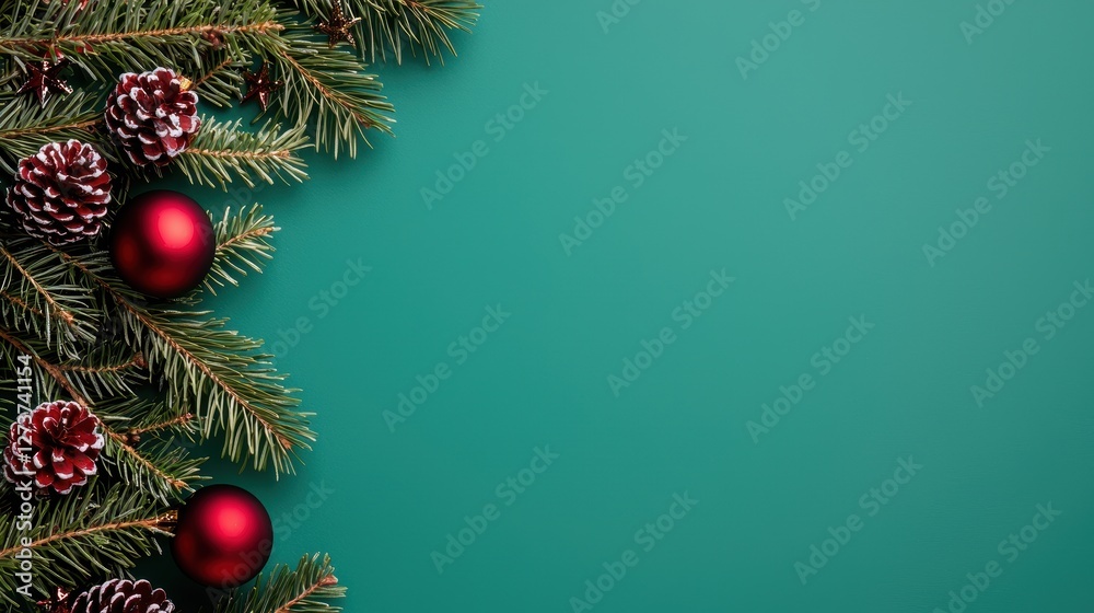 Festive Christmas Decorations with Pine Cones and Red Baubles on a Teal Background for Holiday Celebrations Festive Christmas Decorations with Pine Cones and Red Baubles on a Teal Background for Holiday Celebrations