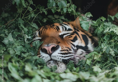 A tiger at the ZSL Whipsnade Zoo in England is photographed in a closeup shot photo