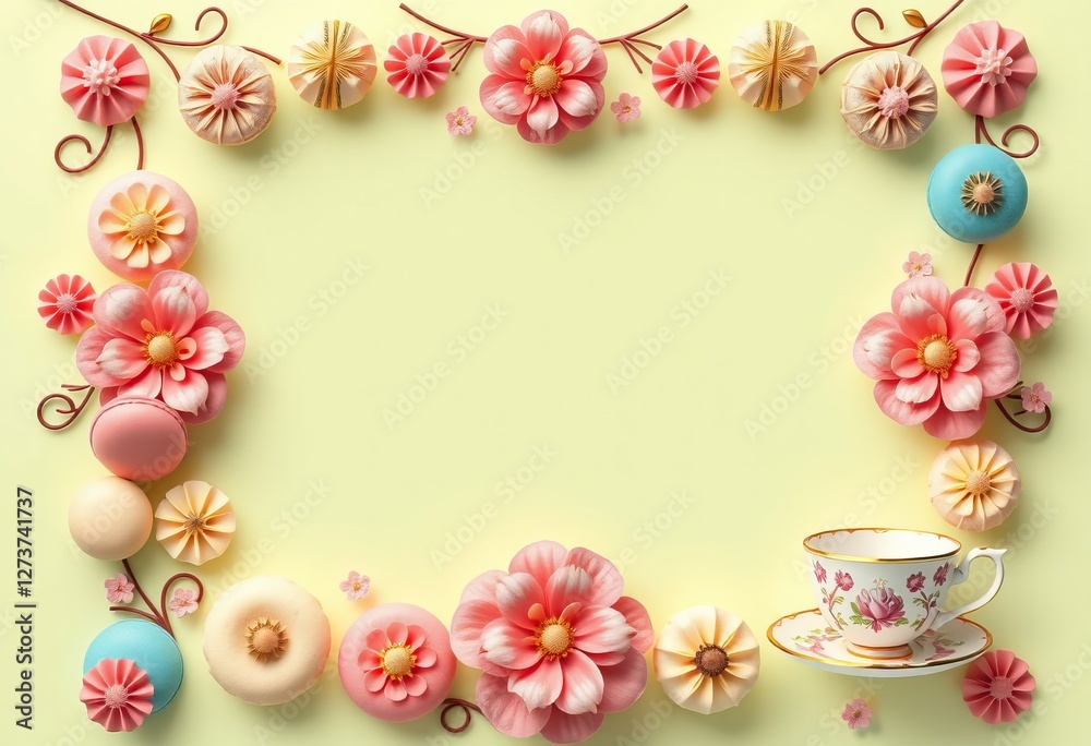 Pastel Flowers Macarons and Teacup Frame a Delightful Scene Pastel Flowers Macarons and Teacup Frame a Delightful Scene
