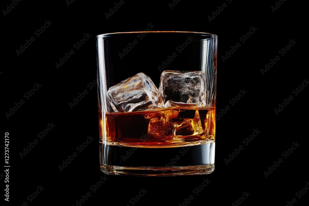 Whiskey glass with Ice cubes isolated on black background Whiskey glass with Ice cubes isolated on black background