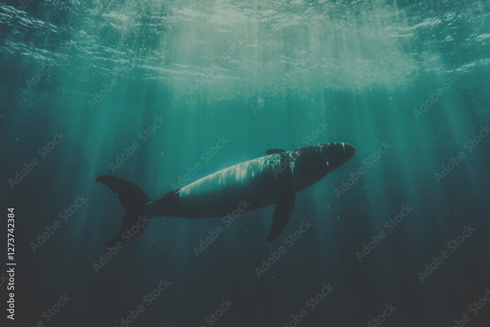 Fototapeta premium The Maldives features an underwater view of a surfer sitting on a surfboard, captured in an underwater shot