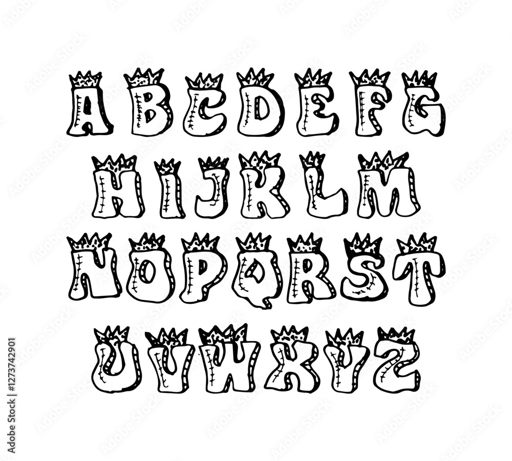 Hand-drawn alphabet with crowns playful doodle cartoon vector font. Hand-drawn alphabet with crowns playful doodle cartoon vector font.